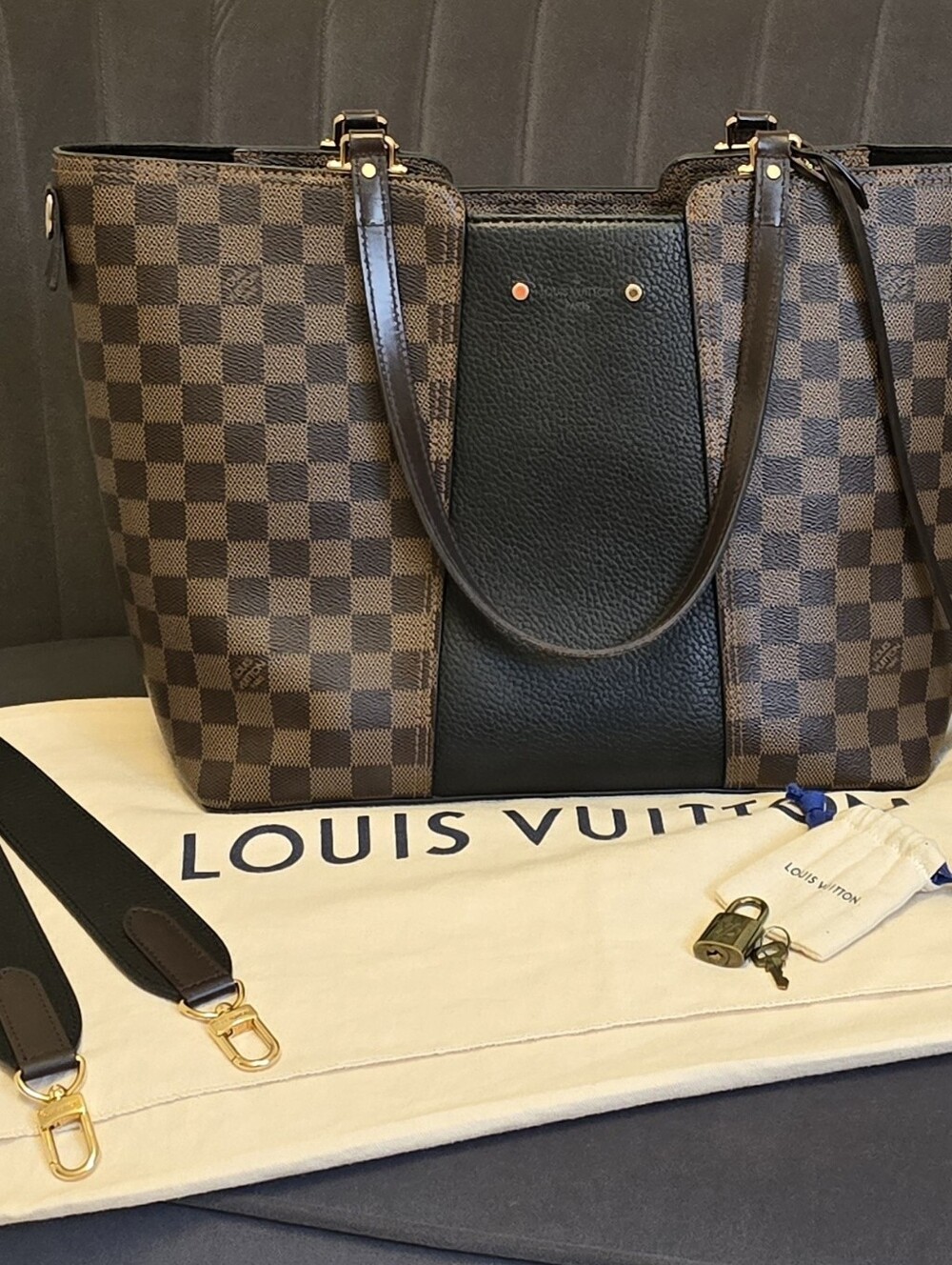 Louis Vuitton Brown Damier Ebene & Black Center Panel Tote